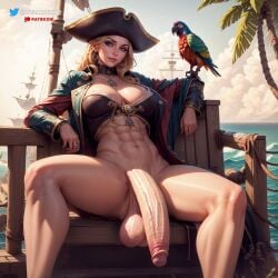 1futa ai_generated blonde_hair circumcised circumcision_scar futa_only futanari huge_cock looking_at_viewer pirate pirate_hat smirk wizarderino