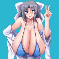 1girls bikini blue_eyes breasts cleavage female grey_hair hi_res huge_breasts kyomu_(zerokyomu) leaning_forward light-skinned_female light_skin massive_breasts peace_sign senran_kagura short_hair yumi_(senran_kagura)