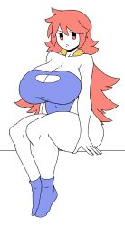 4chan blue_leotard cleavage cleavage_cutout kayda_(kinnoh-chan) kinnoh-chan large_breasts large_hips leotard oc pokemon red_eyes red_hair