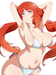 1girls 2d armpits arms_behind_head belly belly_button big_breasts bikini blush breasts cyan_eyes female genshin_impact hips long_hair nilou_(genshin_impact) orange_hair slave_handles solo solo_female source standing twintails wide_hips ニンジン