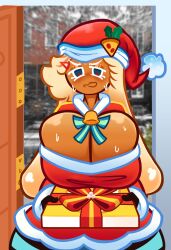 1girls 2023 alternate_breast_size big_breasts breast_squish breasts breasts_bigger_than_head christmas christmas_clothing christmas_outfit cleavage cookie_run female female_focus holding_object large_breasts long_hair looking_at_viewer pizza_cookie pov shadyshadsie sweat sweating