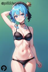 ai_generated arm_behind_head arm_up armpits ass_visible_through_thighs bangs beret black_bra black_choker black_panties blue_eyes blue_hair blush bow bra breasts choker cleavage collarbone cowboy_shot crown female hair_between_eyes hat hololive hololive_gen_0 hololive_japan hoshimachi_suisei looking_at_viewer medium_breasts navel panties pikkiwynn ribbon side_ponytail smile solo star_(symbol) star_in_eye stomach symbol_in_eye thigh_gap underwear underwear_only virtual_youtuber