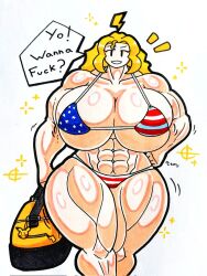 1girls abs american_flag_bikini asking_for_it biceps big_breasts big_thighs breasts breasts_bigger_than_head cleavage curvy female female_only front_view huge_breasts huge_thighs hyper hyper_breasts large_breasts large_thighs light-skinned_female light_skin mr.ctm muscles muscular muscular_female original_character pokemon solo talking_to_viewer text text_bubble thick thick_hips thick_legs thick_thighs thighs thighs_bigger_than_head traditional_media_(artwork) wide_hips yellow_hair