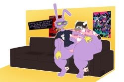 2_horns 3_toes 4_fingers absurd_res annoyed anthro ass big_butt bodily_fluids bovid bovine braces bulge butt_imprint cattle deltarune detailed_bulge duo eyebrows eyewear feet fingers furniture furrowed_eyebrows genitals glasses glitch_productions hand_on_butt hello_kitty_(series) hi_res hooves horn huge_butt huge_thighs hyper hyper_butt hyper_thighs itsme_hilo jax_(tadc) jax_(the_amazing_digital_circus) lagomorph leporid lisp looking_back male mammal moobs narrowed_eyes nerd new_blood_interactive on_lap on_sofa overbite overweight overweight_male penis rabbit reddit redditor_jax_(hi-lo) sanrio sitting sitting_on_lap sitting_on_sofa small_penis sofa speech_bubble sweat sweat_stain sweatdrop sweaty_butt the_amazing_digital_circus thick_thighs toes ultrakill undertale_(series) wide_eyed