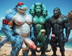 3_heads 3boys ai_generated beach big_balls big_muscles big_nipples big_pecs big_penis black_body booster_rex canine cerberus cerberus_(fortnite) completely_nude completely_nude_male daddy day erect_nipples erection furry furry_male gay green_body huge_balls huge_cock huge_muscles huge_nipples huge_pecs lizard looking_at_viewer male male_only muscular muscular_anthro muscular_male navel red_eyes safety_first_steve_(fortnite) sand shark threesome thunder_(fortnite) water