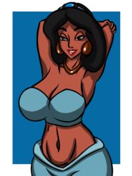 aladdin alluring arabian_clothes arms_behind_head bedaxe breasts dark-skinned_female dark_skin disney disney_princess earrings hairband harem_outfit huge_breasts large_breasts necklace princess_jasmine