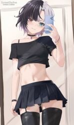 1girls asexual bare_midriff black_crop_top black_hair black_panties black_skirt black_thighhighs blue_eyes bracelet cellphone choker crop_top e-sekai female female_only fully_clothed heterochromia idol-en idol_corp light-skinned_female light_skin mirror_selfie multicolored_hair necklace panties panty_peek phone red_eyes rin_penrose skirt sunset_skyline thighhighs virtual_youtuber vtuber white_hair