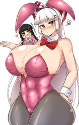 2d 2girls :< anger_vein background_character bare_shoulders big_ass big_breasts blush breasts bunny_costume bunny_ears bunnysuit curvaceous curvy female fujiwara_no_mokou hair_ribbon hand_on_hip heart hime_cut japanese_text kaguya_houraisan long_hair norori orange_eyes pantyhose raised_eyebrow solo_focus source sweatdrop text tied_hair touhou white_hair