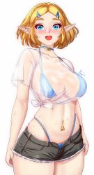 anisdrawn belly_button_piercing belly_piercing bikini blonde_hair blue_bikini blush_lines blushing_at_viewer choker cleavage female_focus female_only front_view fully_clothed hair_clips hairclips looking_at_viewer midriff navel_piercing nintendo open_mouth pointy_ears princess_zelda revealing_clothes see-through_shirt see-through_top short_hair short_shorts simple_background solo_female swimwear tears_of_the_kingdom the_legend_of_zelda thong_straps tied_shirt tight_bikini translucent_topwear triforce two_piece_swimsuit unbuttoned_shorts upper_body wet wet_skin white_background zelda_(tears_of_the_kingdom)