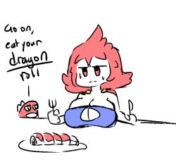 4chan blue_leotard cleavage cleavage_cutout dragon food kayda_(kinnoh-chan) large_ass large_breasts leotard oc pokemon red_eyes red_hair sad tatsugiri