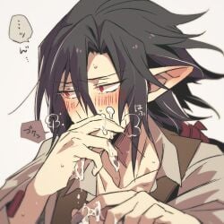 black_hair blush cum cum_on_hand disgaea disgaea_4 elf_ears face_closeup male male_only nippon_ichi_software no_visible_genitalia red_eyes valvatorez vampire