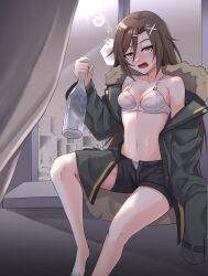 alcohol_bottle bottle bra christina_brecht coat coat_on_shoulders counter:side defenseless drunk hotpants short_shorts shorts singwee tagme