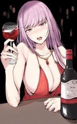 1girls breasts cleavage hololive hololive_english hololive_myth mori_calliope pink_hair sakiya virtual_youtuber wine wine_bottle wine_glass