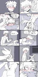 1:2 4_ears animal_humanoid ass blush canid canid_humanoid canine canine_humanoid claws claws_out clothed clothing collar comic dialogue dog_humanoid duo english_text genitals growling gue hair heart hi_res human humanoid humanoid_genitalia humanoid_penis izuku_midoriya katsuki_bakugou lying male male/male mammal mammal_humanoid multi_ear my_hero_academia on_front penis pillow pretty_werewolf speech_bubble spiky_hair tail tail_grab tail_motion tailwag text topless topless_male yaoi