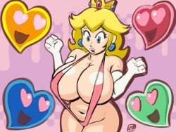 1girls alternate_breast_size arms_up artist_signature bangs bare_shoulders big_breasts bikini blonde_hair blue_earrings blue_eyes breasts busty cleavage clothed clothing crown curvaceous curvy curvy_female curvy_figure earrings eyelashes female female_only front_view game_ui gameplay_mechanics gloves heart heart heart_eyes huge_breasts large_breasts light-skinned_female light_skin lips lipstick long_gloves long_hair looking_at_another looking_down makeup mario_(series) navel nintendo open_mouth outline pink_background pink_bikini pink_sling_bikini princess princess_peach royalty shiny_breasts shiny_skin sidelocks signature sling_bikini smile smiling solo standing super_princess_peach swimsuit swimwear thick_thighs thighs voluptuous voluptuous_female white_gloves wide_eyed wide_hips zestysauce