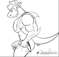 4_fingers anthro ass big_bulge bulge clothing codan codans detailed_bulge fin fingers fish jockstrap male marine meme monochrome muscular muscular_anthro muscular_male nipple_slip nipples shark shirt simple_background solo tank_top tight_pants_(meme) topwear underwear