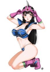 armor armpits arms_up ass bare_legs big_ass bikini_armor black_eyes black_hair blush boots breasts chichi cleavage dragon_ball female_focus full_body gloves helmet hime_cut kneeling large_breasts long_hair looking_at_viewer midriff navel open_mouth purple_gloves solo xtermination