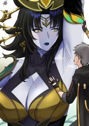 arm_up armpits black_hair blue_lips blush breasts caelus_(honkai:_star_rail) cleavage_cutout clothing_cutout colored_skin giant giantess grey_hair headgear highres honkai:_star_rail honkai_(series) large_breasts licking licking_armpit long_hair parted_lips phantylia_the_undying_(honkai:_star_rail) purple_skin shaded_face simple_background white_background xtermination yellow_eyes