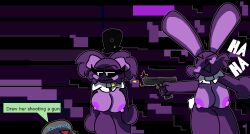 anthro big_breasts breasts chaoticdream cheek_tuft dialogue english_text female female_focus five_nights_at_freddy's furry glitch nipples pixel_art purple_skin scottgames shadow_bonnie shadow_freddy shadow_freddy_(fnaf) speech_bubble text