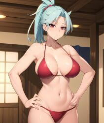 1girls ai_generated ban_(nanatsu_no_taizai) big_breasts bikini blue_hair female female_only genderswap_(mtf) green_hair hand_on_hip indoors light_blue_hair light_hair looking_at_viewer nanatsu_no_taizai ponytail red_bikini red_eyes rule_63 seven_deadly_sins solo standing