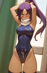 1girls ai_generated angry bleach blush breasts cum_on_body cum_on_breasts disgusted long_hair ponytail purple_hair shihouin_yoruichi thighs trompitpro yellow_eyes