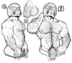 1boy balls bara bara_tits barazoku bethesda_softworks big_balls big_penis body_hair bulge doom doom_slayer_(doom) gay hairy_male helmet huge_balls huge_cock male male_focus male_nipples male_only manly monochrome muscular_male nipples penis precum precum_drip precum_through_underwear solo solo_male thong underwear waympo yaoi