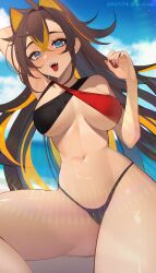 1girls big_breasts bikini blue_eyes blush breasts brown_hair cloud dark-skinned_female dark_skin dehya_(genshin_impact) female genshin_impact halterneck long_hair looking_at_viewer navel open_mouth painted_nails reikolape sky solo thighs