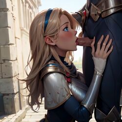 1girls ai_generated armor blonde_hair blowing blowjob blue_eyes bodysuit cape female hairband hands_on_hips league_of_legends lips long_hair luxanna_crownguard penis penis_in_mouth sex ww132