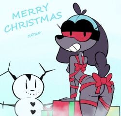 armor breasts canid canine canis christmas domestic_dog ele_chan eleking fatalafterdark gift happy headgear headgear_only heart helmet helmet_only hi_res holidays looking_back mammal nipples ribbons snowman space_dog_(fatalafterdark) visor visor_helmet xoxo