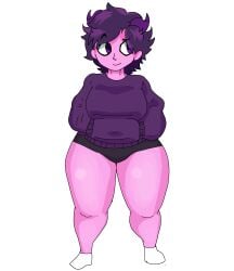 1girls commentary_community curvaceous curvy feminine feminine_body hoodie horns jellybean_(mcyt) pink_skin plump purple_eyes purple_hair socks thick_thighs traced traced_art youtube youtuber youtuber_girl