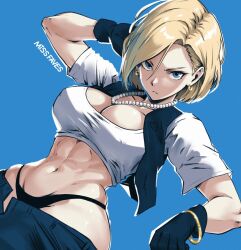 1girls abs android_18 artist_name athletic_female black_panties blonde_hair blue_eyes cleavage crop_top dragon_ball dragon_ball_z earrings female female_only fit_female high_waisted_thong human jewelry large_breasts looking_at_viewer mature_female milf missfaves pearl_necklace short_hair solo thick thick_thighs toned_female unbuttoned_pants undressing vest wide_hips