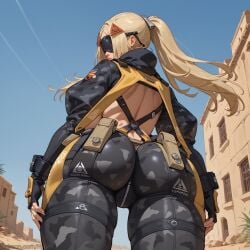 ai_generated ass ass_focus ass_grab big_ass big_breasts female hypet long_hair military military_uniform thick_ass thick_thighs thighs trigger_(zenless_zone_zero) uniform yellow_hair zenless_zone_zero