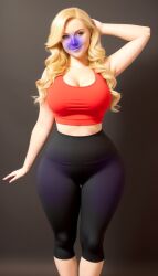 ai_generated big_breasts black_yoga_pants blonde_hair blue_skin blueberry blueberry_inflation breast_expansion breasts cleavage expansion hips inflation purple_skin red_tank_top tank_top tight_clothes tight_clothing tight_fit tight_pants yoga_pants