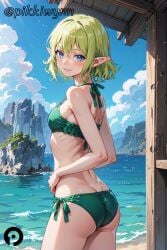 ai_generated ass bangs bare_arms bare_shoulders beach bikini blue_eyes blue_sky blush breasts closed_mouth cloud cowboy_shot day dungeon_ni_deai_wo_motomeru_no_wa_machigatteiru_darou_ka elf female from_behind green_bikini green_hair hair_between_eyes halterneck looking_at_viewer looking_back ocean outdoors pikkiwynn pointy_ears ryuu_lion short_hair side-tie_bikini_bottom sky small_breasts smile solo standing swimsuit water