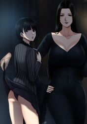 2girls animification ass big_breasts black_eyes black_hair black_lips black_theme book braid braided_ponytail breasts clothes_lift collarbone disembodied_limb dress dress_lift hand_on_own_hip highres holding holding_book huge_breast large_breasts lifted_by_another lipstick long_hair looking_at_viewer makeup massive_breasts milf morticia_addams mother_and_daughter multiple_girls panties parted_bangs the_addams_family thing_(addams_family) tight_dress underwear wednesday_(netflix) wednesday_addams xtermination