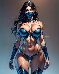 abs ai_generated asian asian_female athletic_female big_breasts black_hair blue_armwear cleavage cleavage_cutout curvy eyes face_mask feet_out_of_frame fr34ky huge_breasts kitana midriff midriff_cutout mortal_kombat mortal_kombat_(2011) mortal_kombat_1_(2023) navel netherrealm_studios straight_hair thick thick_thighs voluptuous voluptuous_female wide_hips