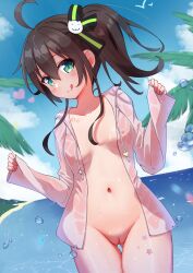 beach boobs breasts hololive hololive_gen_1 hololive_japan jacket natsuiro_matsuri nipples nude_female ontake2009 open_jacket pussy see-through see-through_clothing small_breasts thigh_gap tits uncensored vagina virtual_youtuber wet wet_clothes wet_jacket