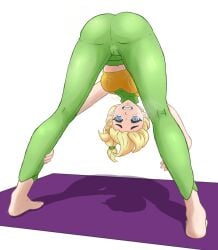 1girls ass blonde_hair blue_eyes bogar crop_top crypt_of_the_necrodancer female female_only hair_ornament hairclip leggings looking_at_viewer looking_back pants ponytail rift_of_the_necrodancer smile sweat yoga yoga_pants