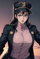 1girls ai_generated big_breasts black_hair breasts cum_on_face female female_jotaro fully_clothed hat human jojo's_bizarre_adventure jotaro_kujo light-skinned_female light_skin long_hair open_mouth pink_eyes rule_63 shounen_jump simple_background stardust_crusaders