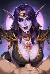 ai_generated clothed_female clothed_female_nude_male cum_on_breasts cum_on_face cumshot dominant_female ejaculation elf jewel_on_forehead paizuri purple_lipstick smiling veiny_penis void_elf world_of_warcraft xal'atath