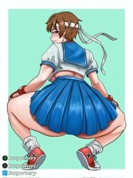 1girls ass batpornery big_ass brown_eyes brown_hair capcom from_behind gloves looking_at_viewer looking_back sakura_kasugano school_uniform schoolgirl shoes short_hair skirt smile squatting street_fighter thick thick_ass thick_thighs tomboy