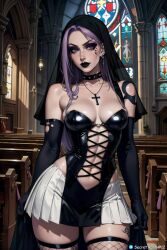 ai_generated black_lipstick breasts choker cross_earrings crucifix female female_only front_view gloves goth goth_girl long_hair mascara medium_breasts nun original_character purple_eyes purple_hair secret_room12 shiny_skin spiked_collar stable_diffusion tattoo torn_gloves