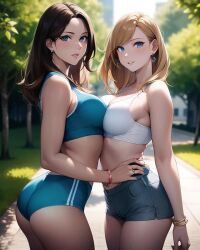 2girls ai_generated ai_mirror bedroom_eyes blonde_hair blue_eyes blue_shorts blue_topwear blush bracelet breast_press brown_hair bushes earrings female hands_on_wrist jean_shorts long_hair looking_at_viewer medium_breasts park side_view sports_top sportswear thick_lips trees white_skin