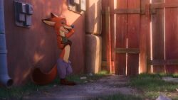 1boy adam_wan ear_piercing fox hand_behind_head looking_at_viewer makeup male nick_wilde orange_body outdoors partially_clothed purple_pants solo zaush zootopia