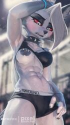 abs anthro black_bra black_clothing black_eyeshadow black_nipples black_panties black_sports_bra black_underwear bodily_fluids bra bracelet breasts canid canid_demon canine claws clothed clothing collar demon ears_up eyeshadow female fur grey_body grey_fur gym gym_clothing hair hellhound helluva_boss hi_res jewelry loona_(helluva_boss) makeup mammal nipple_piercing nipples panties piercing pixelsketcher pubes red_eyes red_sclera solo spiked_collar spikes sports_bra sweat underwear vivienne_medrano white_body white_eyes white_fur white_hair