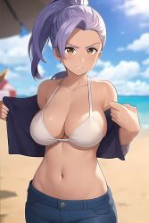 ai_generated beach big_breasts bikini_top blush breasts brown_eyes cleavage female jericho_(nanatsu_no_taizai) nanatsu_no_taizai navel ponytail purple_hair seven_deadly_sins shorts standing