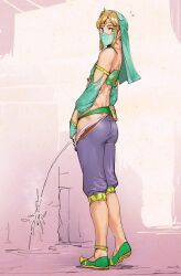 1boy alley breath_of_the_wild crossdressing femboy gerudo_link girly link link_(breath_of_the_wild) male male_only outside peeing peeing_on_wall peeing_outside solo solo_male the_legend_of_zelda urination wall watersports チチパエチチパパ