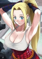 1girls armpits arms_up bare_armpits beatrix_amerhauser big_breasts blonde blonde_eyebrows blonde_eyelashes blonde_female blonde_hair blonde_hair_female blue_eye blue_eyes blue_eyes_female blush breasts eyebrows_visible_through_hair female female_only hairless_armpits huge_breast huge_breasts large_breasts long_hair long_hair_female looking_at_viewer massive_breasts only_female pointy_chin pony_tail ponytail ponytail_female ponytails solo solo_female sweat sweater sweating sweaty sweaty_armpits sweaty_arms sweaty_breasts sweaty_face woman xtermination zom_100_zombie_ni_naru_made_ni_shitai_100_no_koto