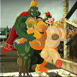 anthro ass big_breasts big_butt big_pecs big_penis bowser breasts donkey_kong_(series) duo gay genitals hand_on_leg hand_on_thigh hi_res huge_cock humanoid k_rool koopa male male/male mario_(series) muscular nintendo pecs penis platform_leg_glider_position possbooty raised_leg scalie slightly_chubby super_mario_64 thick_thighs vhs_filter