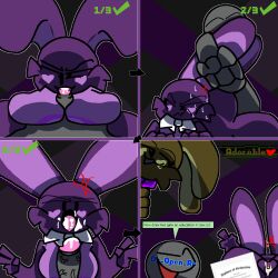 anthro big_ass big_breasts big_butt big_penis blowjob breasts chaoticdream cheek_tuft comic cum cum_in_mouth cum_in_pussy cum_inside dialogue english_text female five_nights_at_freddy's furry glitch glitchtrap male/female male_penetrating_female scottgames shadow_bonnie speech_bubble text